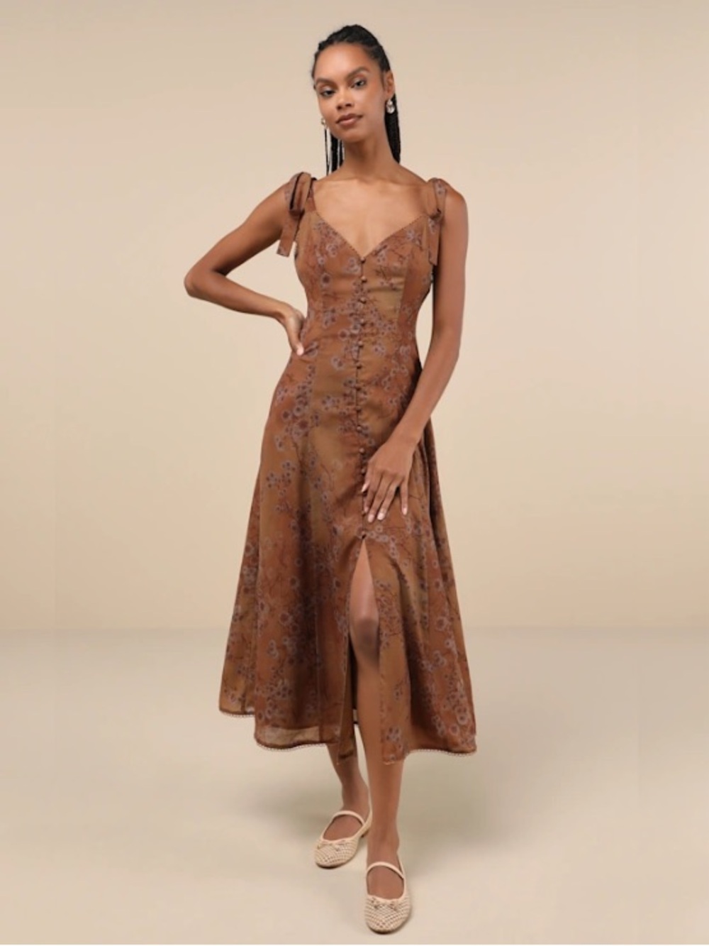 🤎 NWT 🤎 Charismatic Persona Brown Floral Tie-Strap Midi Dress